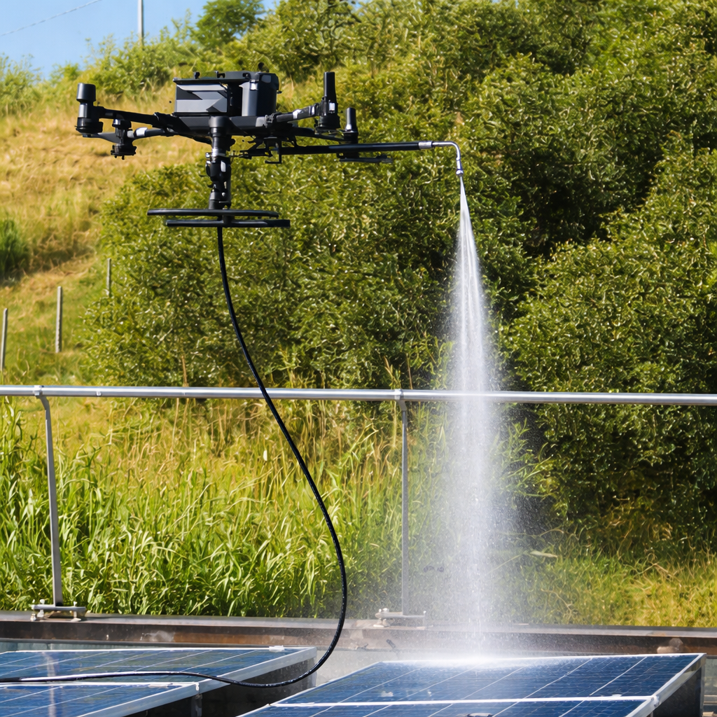 Drone che esegue il lavaggio di pannelli fotovoltaici su impianto industriale
